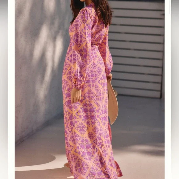 NWT Luli Fama x Anthropologie Printed Deep-V maxi Dress in pink - Picture 5 of 9
